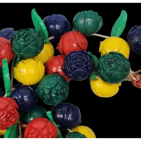 Carved Celluloid Flowers Bracelet Multistrand Colorful Bouquet Rope Bottom 8.5" - Picture 4 of 13